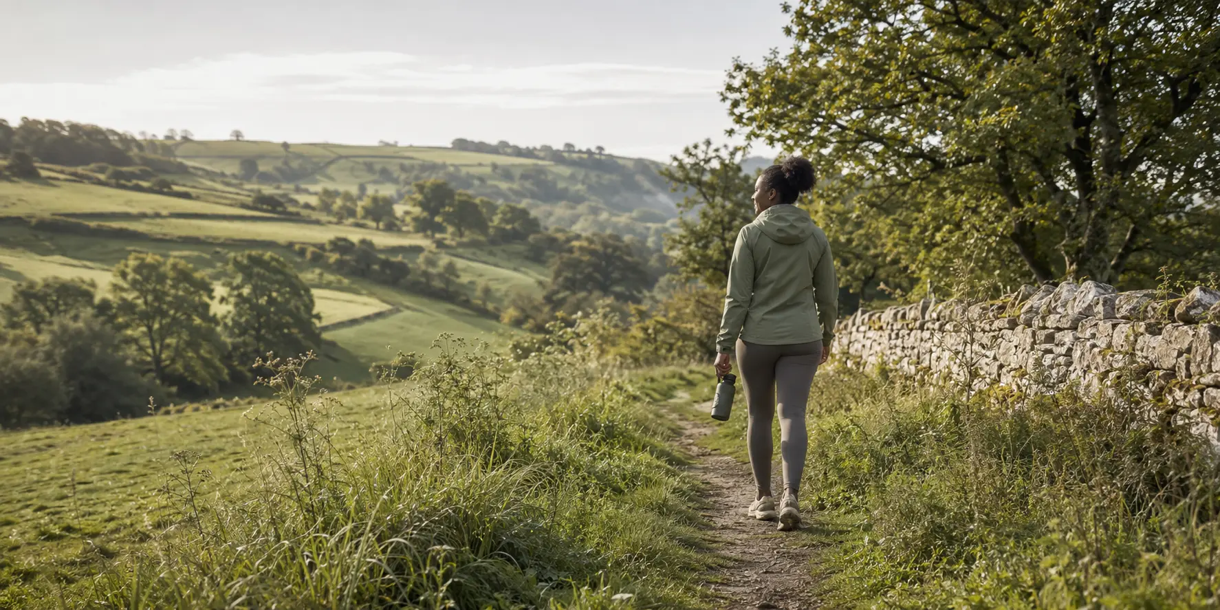 An active person walking outdoors in bright natural light