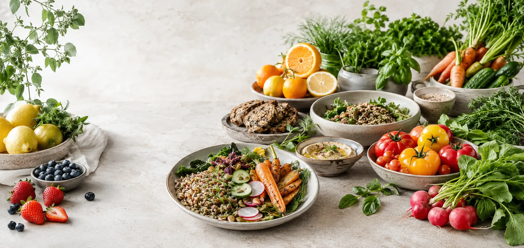 A colourful spread of vegetables, fruits, herbs and balanced meals