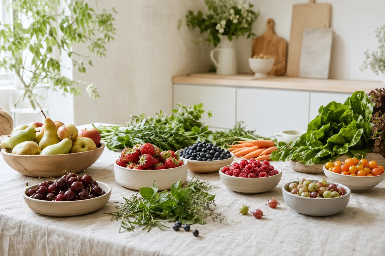 Seasonal British fruits and vegetables arranged on a light table